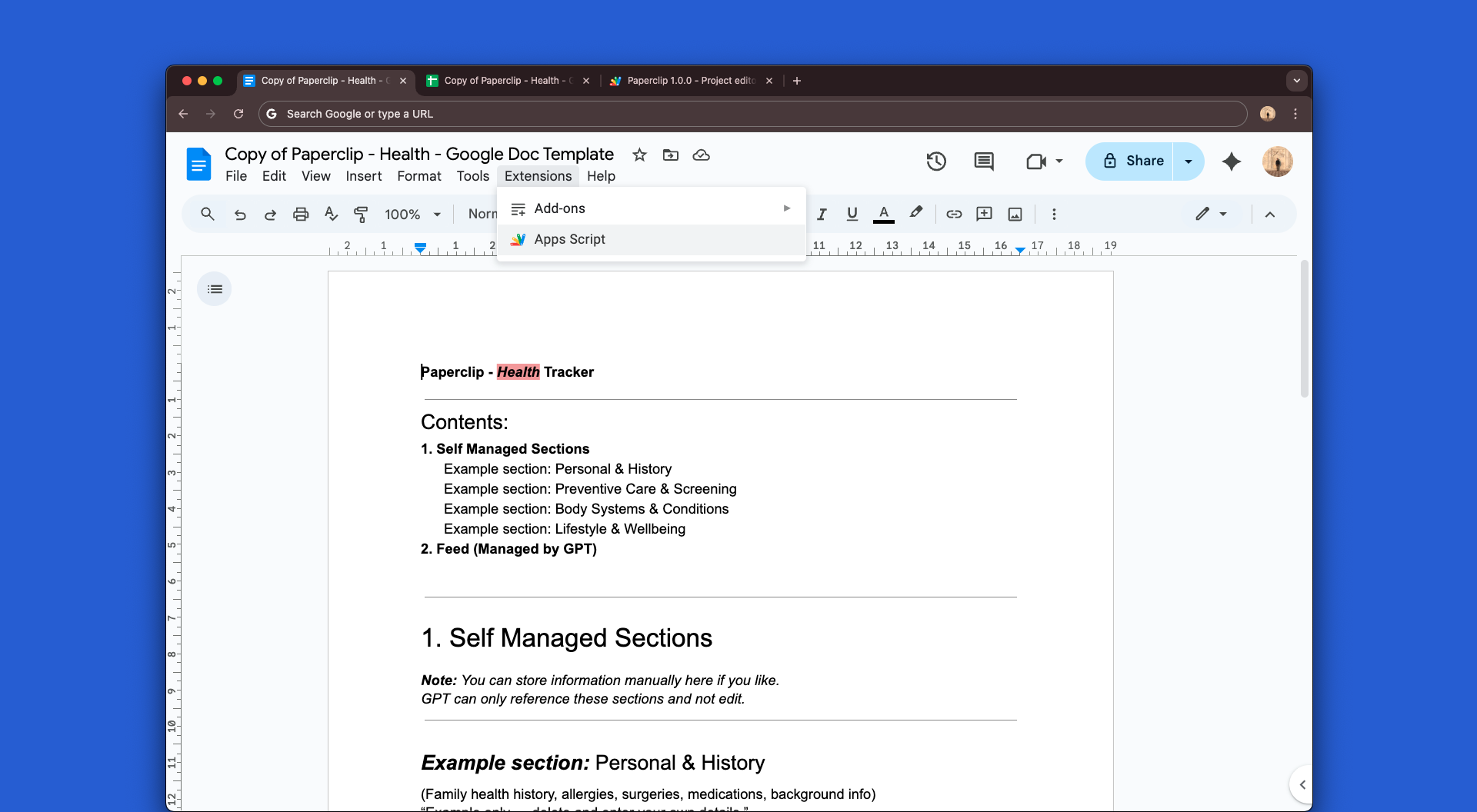 Open the Apps Script editor from the Extensions menu