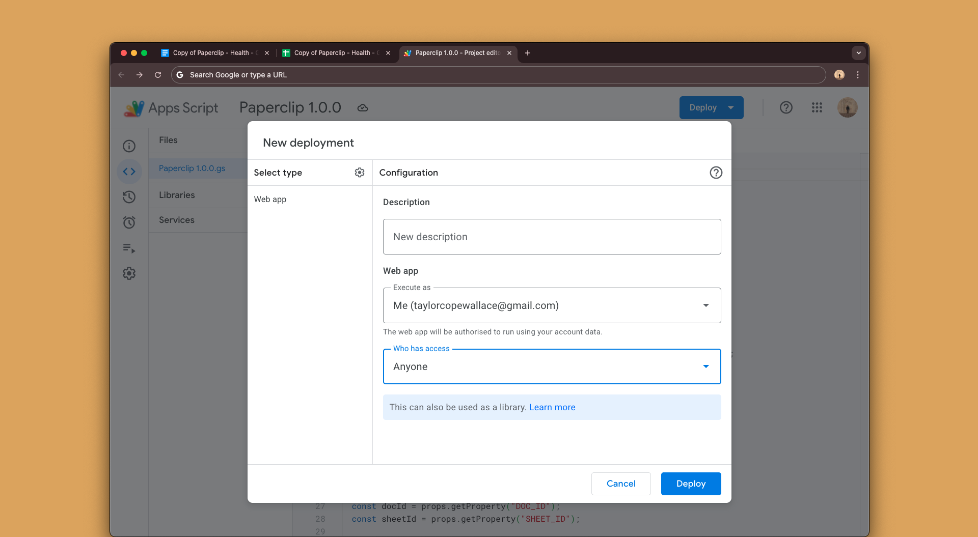 Apps Script workspace overview