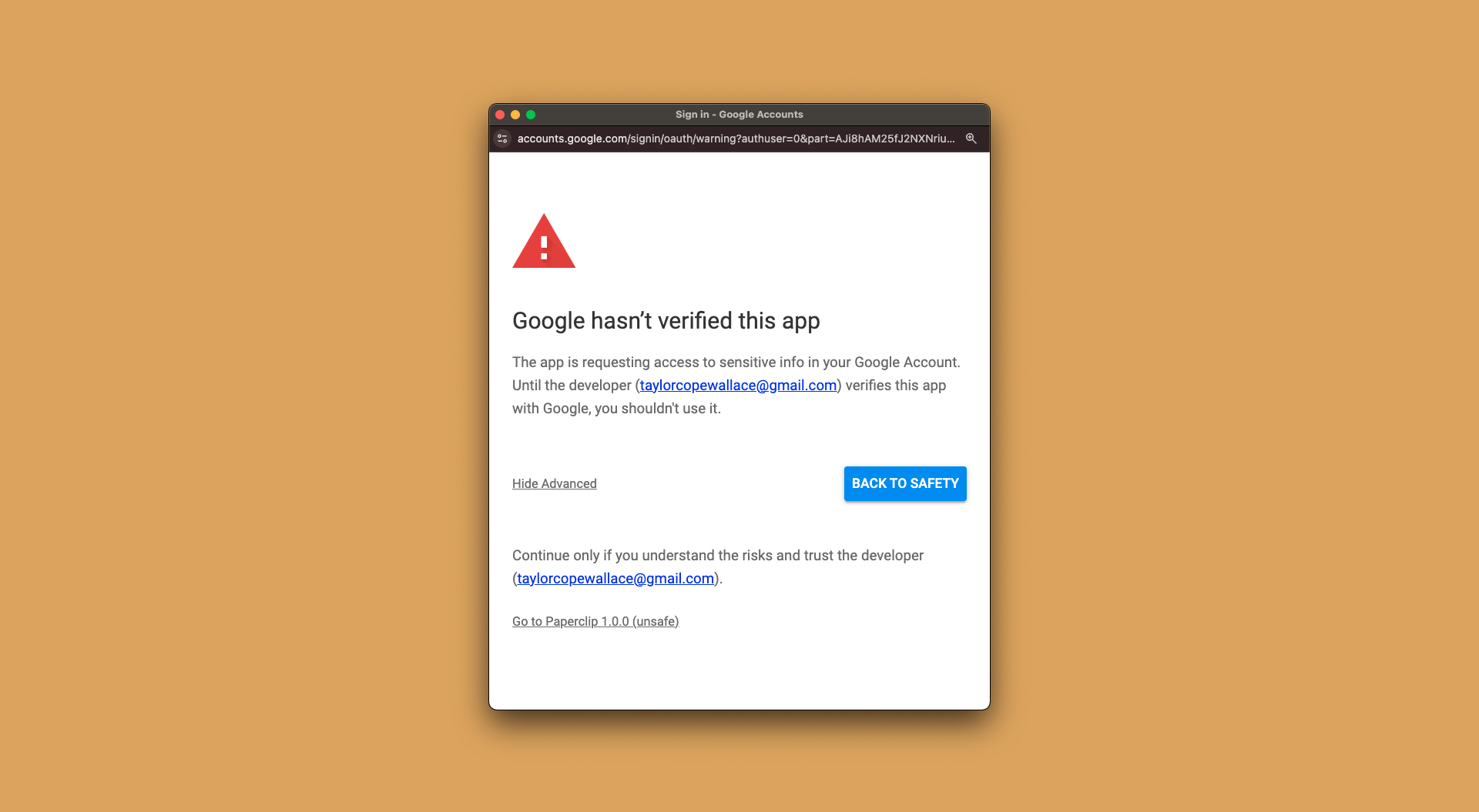 Authorization prompt requesting Google permissions